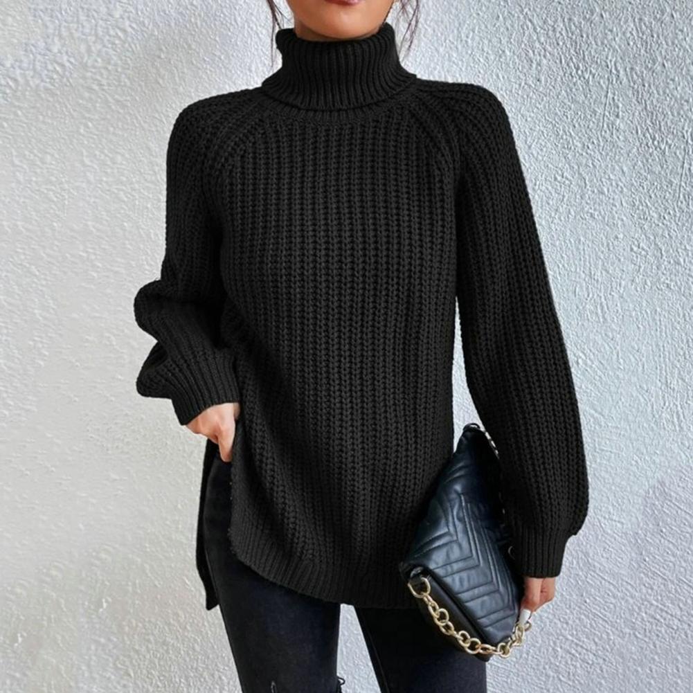 Women's Chunky Knit Puff Shoulder Roll Neck Sweater - Loose Fit-Outfit2Go
