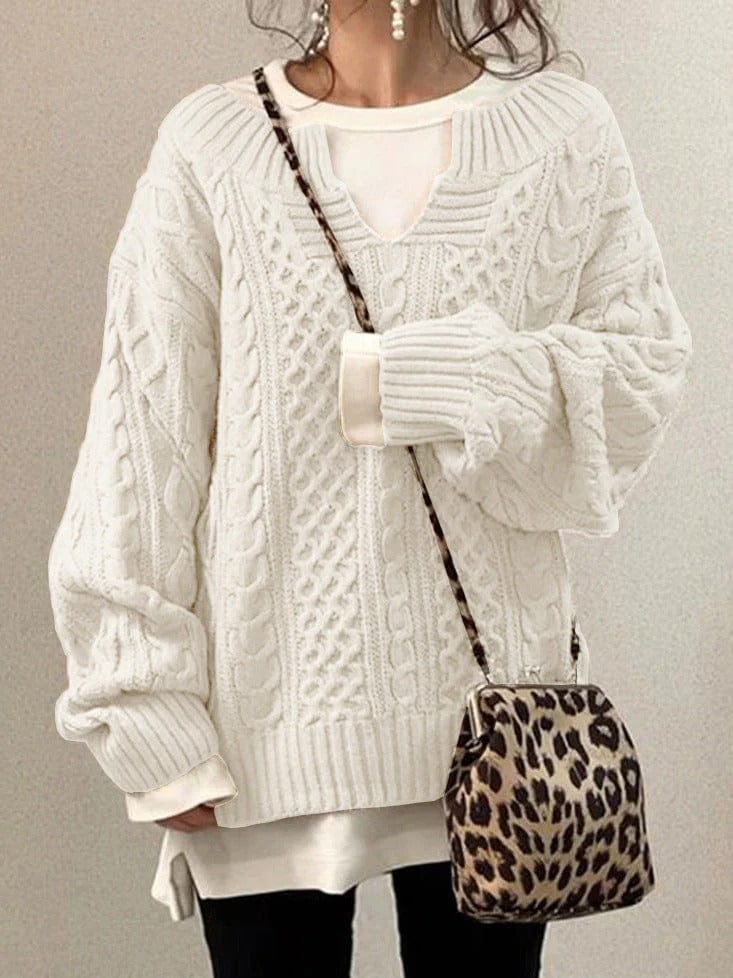 Women's Oversized Cable Knit Sweater – Wool Blend – V-Neck – Long Sleeve-Outfit2Go