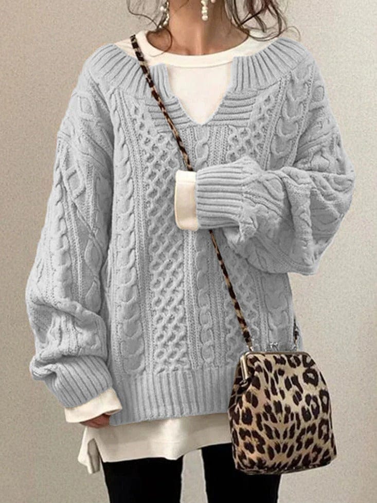 Women's Oversized Cable Knit Sweater – Wool Blend – V-Neck – Long Sleeve-Outfit2Go
