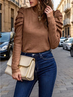 Women's Soft Knit Sweater – Puff Sleeves, Regular Fit, Round Neck-Outfit2Go