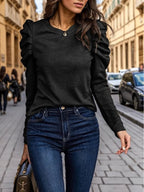 Women's Soft Knit Sweater – Puff Sleeves, Regular Fit, Round Neck-Outfit2Go