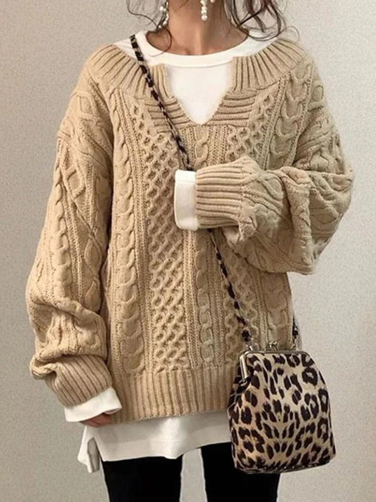 Women's Oversized Cable Knit Sweater – Wool Blend – V-Neck – Long Sleeve-Outfit2Go