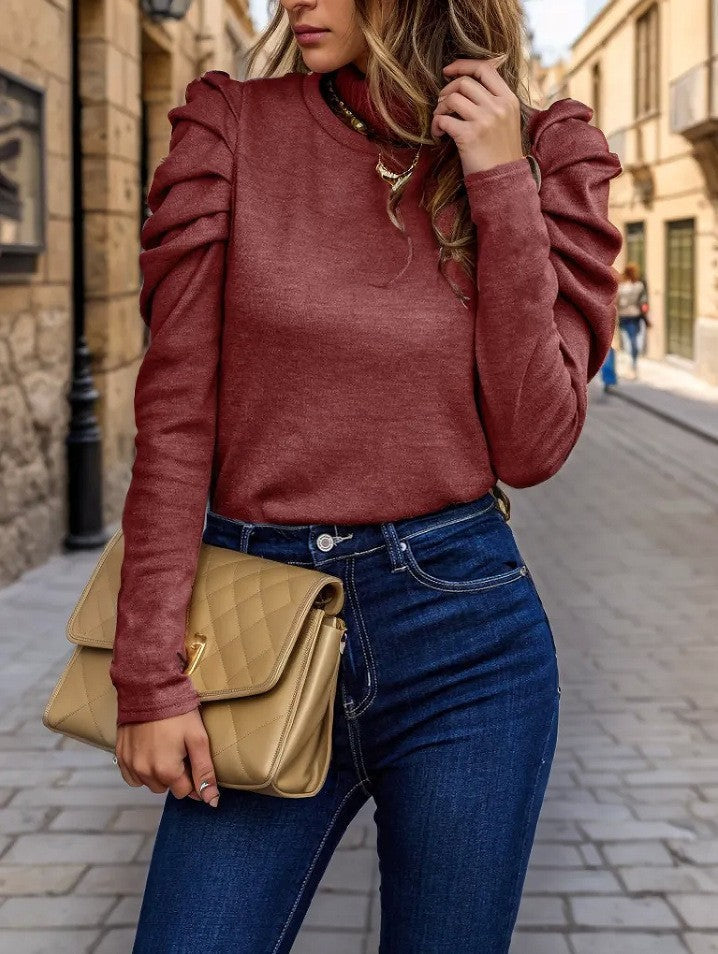 Women's Soft Knit Sweater – Puff Sleeves, Regular Fit, Round Neck-Outfit2Go