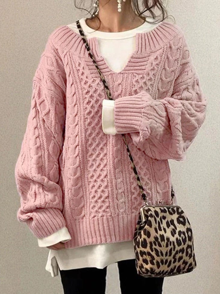 Women's Oversized Cable Knit Sweater – Wool Blend – V-Neck – Long Sleeve-Outfit2Go