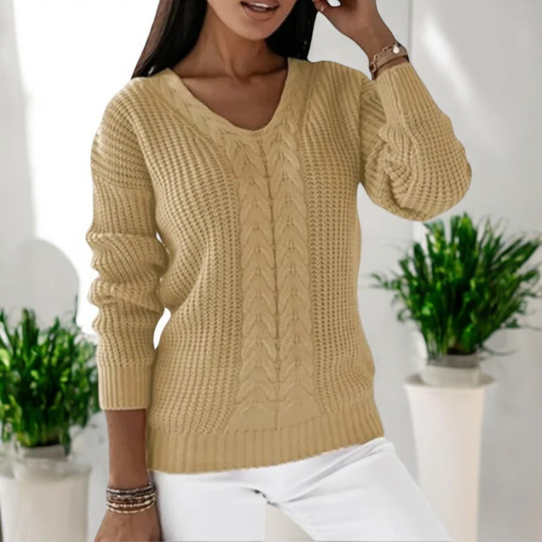 Women's V-Neck Knitted Sweater with Cable Pattern and Ribbed Trims - Comfortable Fit-Outfit2Go