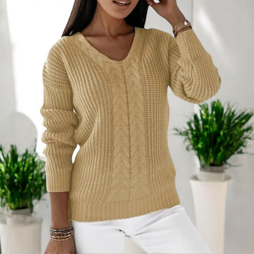 Women's V-Neck Knitted Sweater with Cable Pattern and Ribbed Trims - Comfortable Fit-Outfit2Go