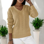 Women's V-Neck Knitted Sweater with Cable Pattern and Ribbed Trims - Comfortable Fit-Outfit2Go