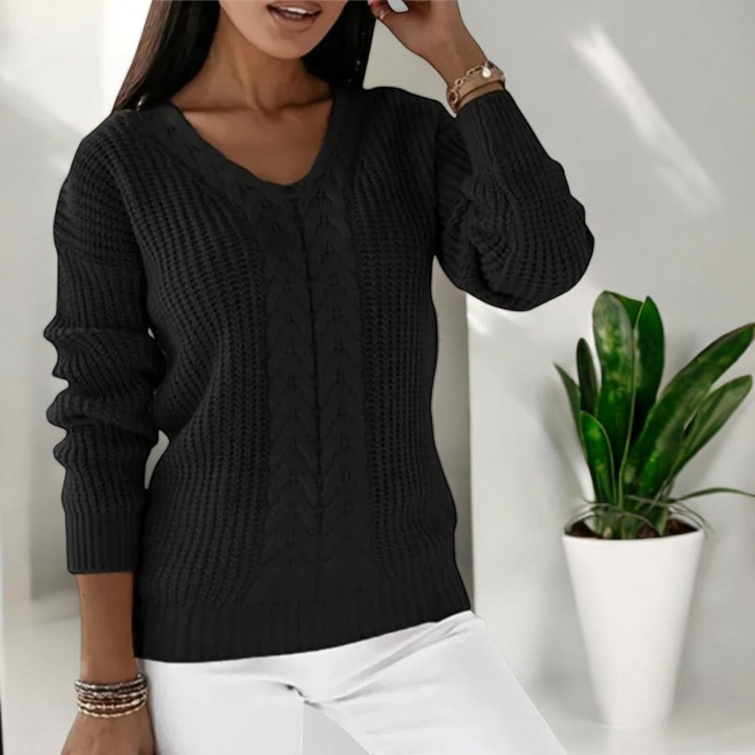 Women's V-Neck Knitted Sweater with Cable Pattern and Ribbed Trims - Comfortable Fit-Outfit2Go