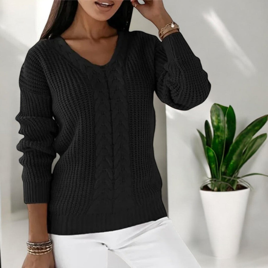 Women's V-Neck Knitted Sweater with Cable Pattern and Ribbed Trims - Comfortable Fit-Outfit2Go