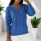 Women's V-Neck Knitted Sweater with Cable Pattern and Ribbed Trims - Comfortable Fit-Outfit2Go