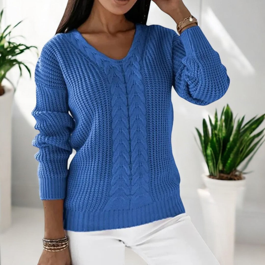 Women's V-Neck Knitted Sweater with Cable Pattern and Ribbed Trims - Comfortable Fit-Outfit2Go