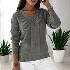 Women's V-Neck Knitted Sweater with Cable Pattern and Ribbed Trims - Comfortable Fit-Outfit2Go
