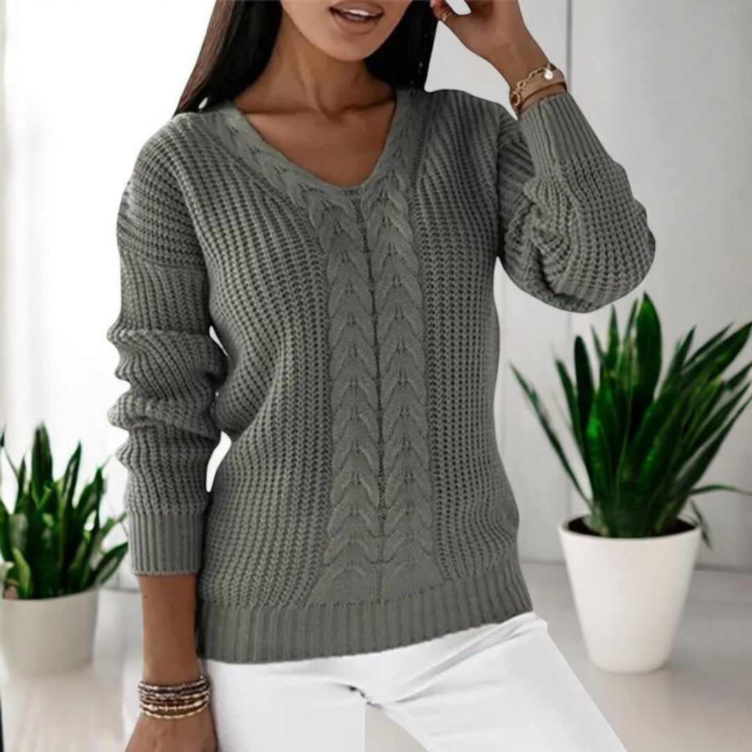 Women's V-Neck Knitted Sweater with Cable Pattern and Ribbed Trims - Comfortable Fit-Outfit2Go