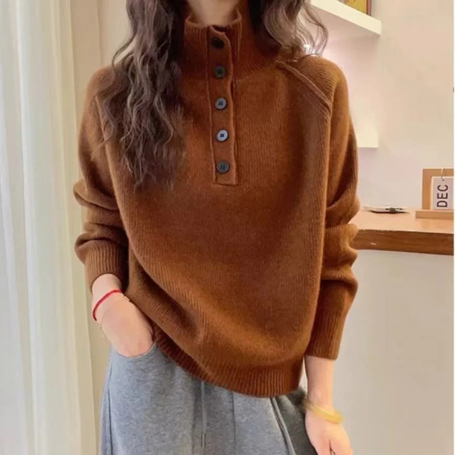 Women's Relaxed Fit Knitted Sweater – Wool Blend – Stand-up Collar with Button Detail-Outfit2Go