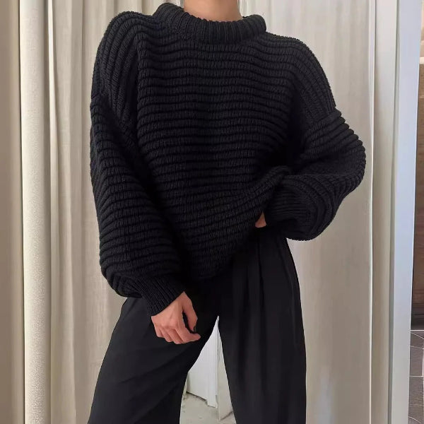 Women's Oversized Wool Mix Sweater with High Collar and Ribbed Design-Outfit2Go
