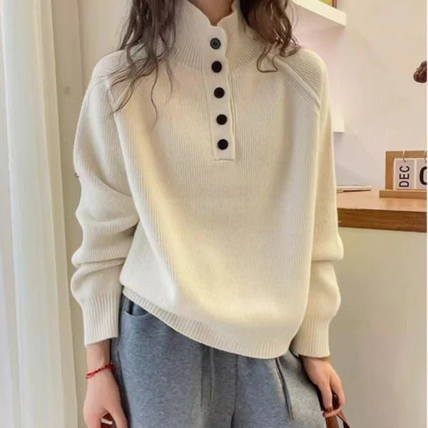Women's Relaxed Fit Knitted Sweater – Wool Blend – Stand-up Collar with Button Detail-Outfit2Go