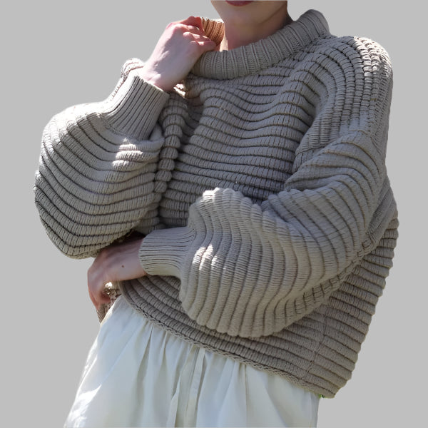 Women's Oversized Wool Mix Sweater with High Collar and Ribbed Design-Outfit2Go