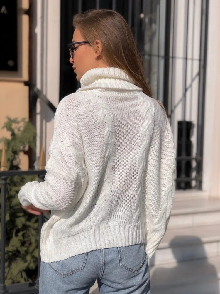 Women's Chunky Turtleneck Sweater – Cable Knit – Relaxed Fit – Wool Blend-Outfit2Go