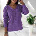 Women's V-Neck Knitted Sweater with Cable Pattern and Ribbed Trims - Comfortable Fit-Outfit2Go