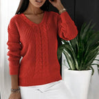 Women's V-Neck Knitted Sweater with Cable Pattern and Ribbed Trims - Comfortable Fit-Outfit2Go