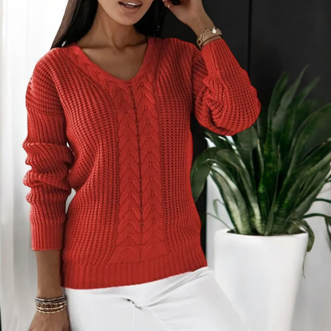 Women's V-Neck Knitted Sweater with Cable Pattern and Ribbed Trims - Comfortable Fit-Outfit2Go